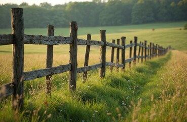Obraz premium Old wooden fence divides green pasture land and meadow with wildflowers. Rustic barrier marks farm territory. Path leads to distant trees, sunny day.