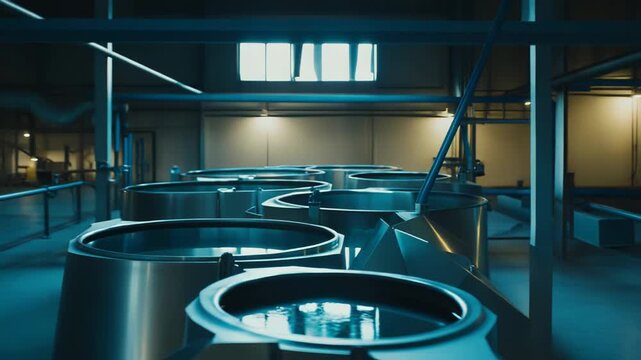 Large metal tanks standing in an industrial facility, holding liquid while processing the raw materials for manufacturing beverages or various products
