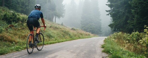 Fototapeta premium Cyclist Riding a Road Through a Foggy Forest