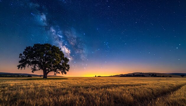 Lone Tree Silhouette Under Milky Way with Golden Horizon Glow