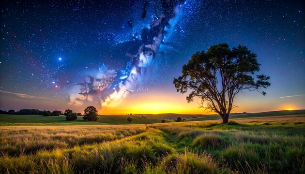 Night Sky with Constellations Over Open Field and Warm Glowing Horizon Line