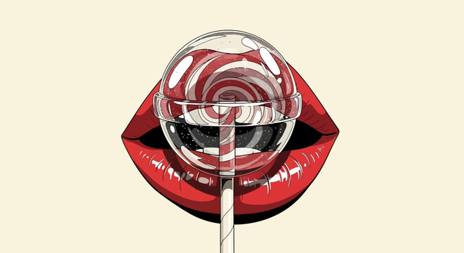 Vibrant red lips holding a clear lollipop with a swirling red and white candy inside, against a light background.