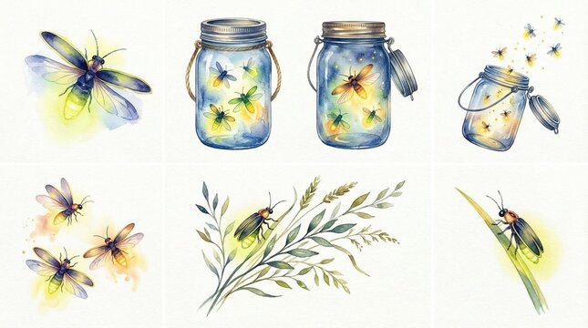 Enchanting watercolor firefly collection, glowing summer insects in glass jars, a whimsical nature illustration set perfect for rustic designs and magical evening themes.