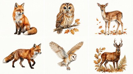Obraz premium Watercolor woodland animals collection, hand painted forest wildlife set with fox, owl, and deer, rustic autumn nature illustrations on white background