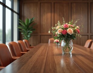 Fototapeta premium Empty conference room with polished wood table and leather chairs. Fresh floral arrangement in vase sits on table. Large windows let in natural light, wood paneled walls create warm atmosphere.