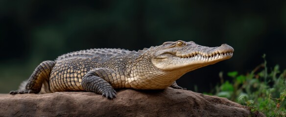 Obraz premium Isolated Nile crocodile rests on a rock exuding fierce power and primal beauty.