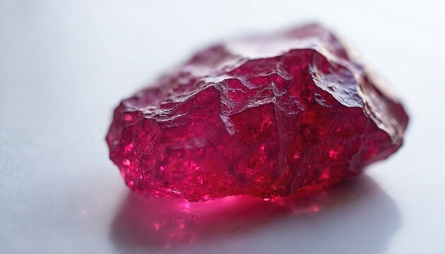 Raw ruby stone exhibits deep red color and irregular texture. Gemstone detail shows internal light refraction. Natural mineral specimen with rough surface.