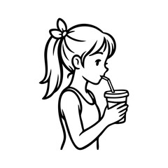 Dibujo sencillo con líneas de una chica joven bebiendo de un vaso de papel con una pajita, sujetándolo con las dos manos © teracreonte