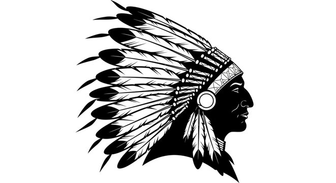 Native American chief profile vector, indigenous leader with traditional feather headdress, black and white tribal warrior mascot illustration
