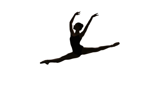 Graceful ballerina silhouette jumping in mid-air, elegant ballet dancer performing grand jete split, female performer vector on white background