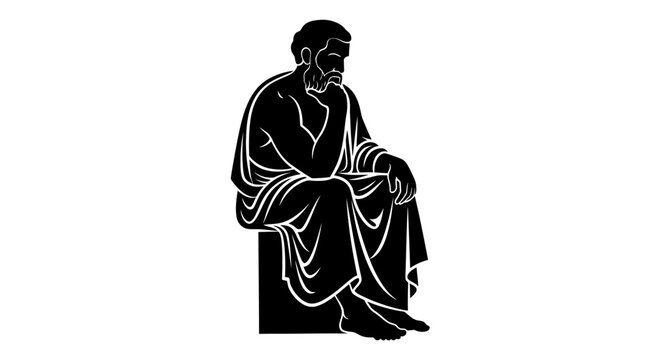 Ancient Greek philosopher silhouette vector, thinking man in traditional toga sitting on stone, stoic scholar and wise teacher illustration