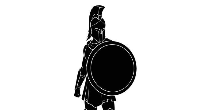 Ancient Spartan warrior silhouette, Greek gladiator with helmet and round shield, black and white heroic soldier vector illustration