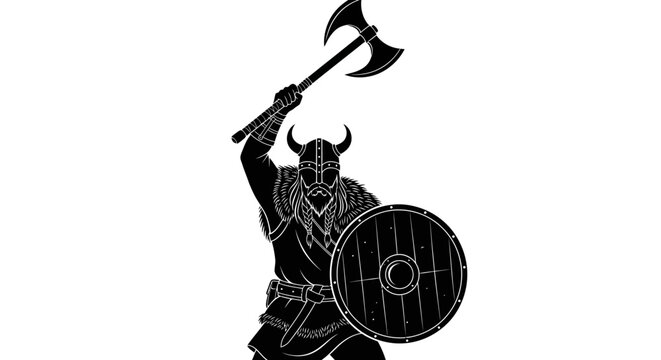 Viking warrior silhouette with battle axe and shield, Norse barbarian fighter in horned helmet, ancient scandinavian soldier vector illustration