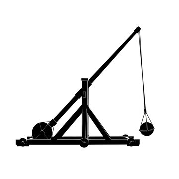 Medieval trebuchet silhouette vector, ancient siege engine weapon icon, black catapult machinery on white background, historical war equipment