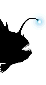 Anglerfish silhouette with glowing lure, deep sea predator fish vector, bioluminescent monkfish illustration on white background
