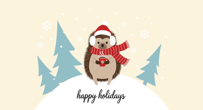 Adorable hedgehog wearing a santa hat and scarf holding a steaming mug of cocoa in a snowy winter scene with blue pine trees.