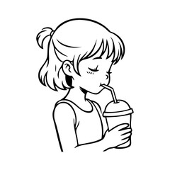 Dibujo sencillo con líneas de una chica joven bebiendo de un vaso de papel con una pajita, sujetándolo con una mano  © teracreonte