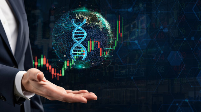 Biotech investment and genomic data analysis, blurred businessman holding dramatic glowing blue and cyan holographic double helix DNA molecule over rising green stock chart on hexagonal tech backgroun