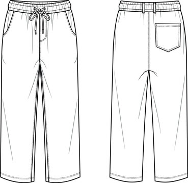 Technical Flat Sketch of Men's Wide Leg Drawstring Lounge Pants with Elastic Waistband and Back Patch Pocket for Fashion Design