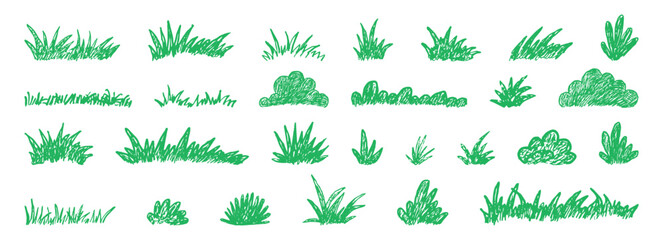 Green lawn grass with crayon or chalk texture childlike drawing. Bushes and shrubbery set pencil sketched scribble foliage elements © Alyona