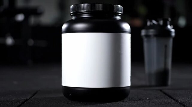 Black supplement jar with blank white label on dark gym floor for product mockup