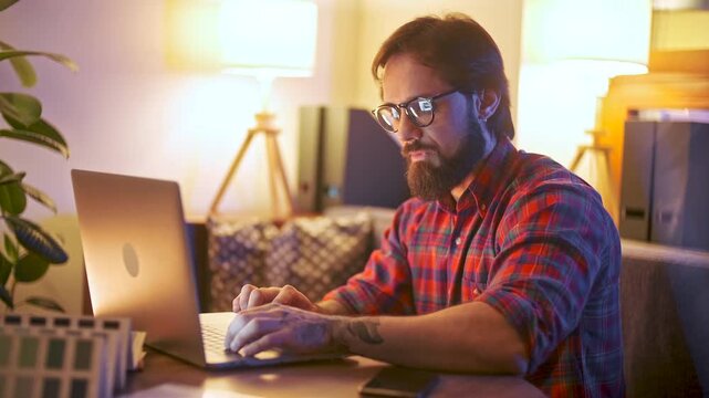 Concentrated man working on a laptop in a warm modern office interior. Young male, businessman or specialist wearing glasses and plaid shirt while managing digital tasks, researching information