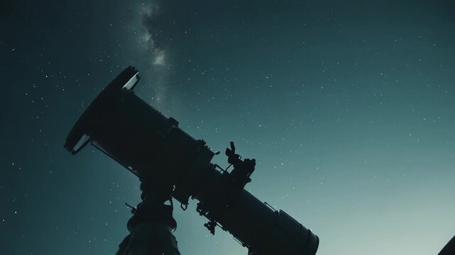 Telescope silhouette capturing a beautiful starry night sky with numerous stars and the milky way, emphasizing scientific discovery and cosmic exploration from an observatory rooftop