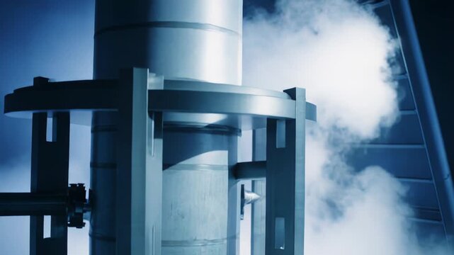 Industrial equipment releasing gas or steam vapor, creating a cold, mysterious atmosphere of advanced technology and scientific process within a modern factory setting