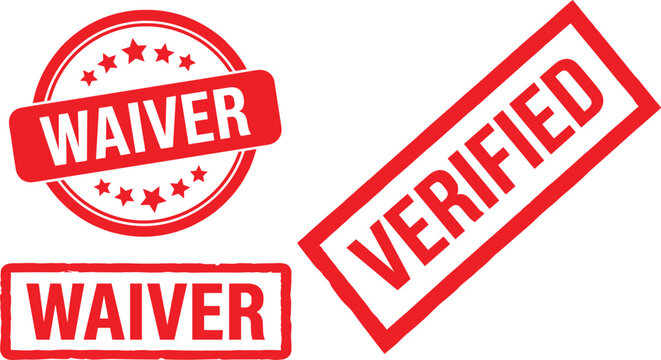 Red rubber stamp set with waiver and verified text, grunge office seal icons for document validation, approval and official certification.