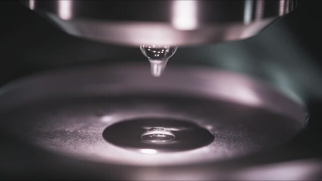 Water drop levitating above a surface, demonstrating the principles of sound wave manipulation and surface tension in a precise scientific research environment