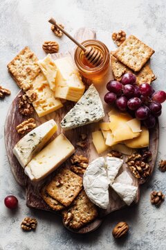Rustic cheese assortment on a serving board with crackers and honey