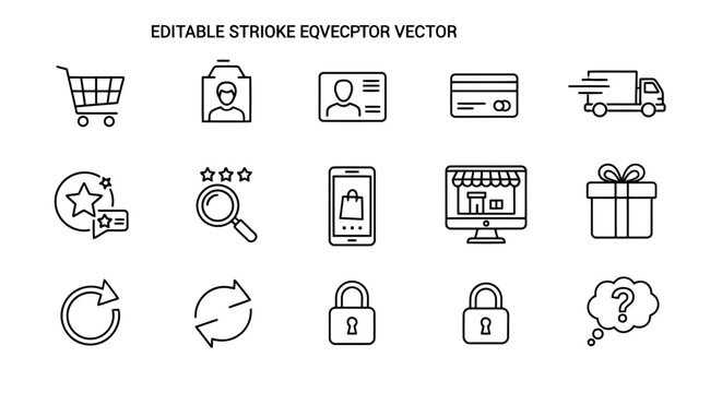 Shopping and ecommerce outline icons set featuring retail elements such as cart delivery truck credit card security lock gift box discount stars customer profile smartphone app store storefront