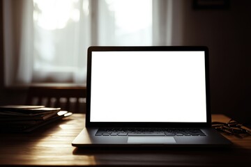 Fototapeta premium Sleek laptop silhouette with blank white screen in a calm, neutral office setting