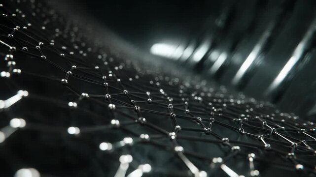 Graphene forming a complex molecular structure, creating a hexagonal network of atoms and chemical bonds with a metallic finish, representing advanced scientific concepts and nanotechnology