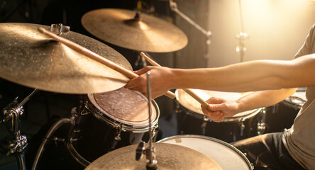 Fototapeta premium Drummer drums cymbal, music percussion drumset, performance concert rhythm stage.