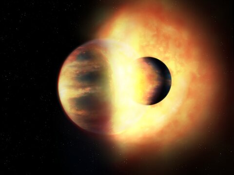 Collision of the early Earth and the planet Theia. Impact event between two planets. Merger of protoplanets.