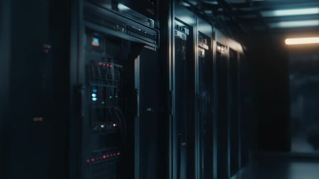 Dark data center aisle of server racks with blinking leds, cables and cooling, powering cloud computing, big data processing and secure high speed global connectivity