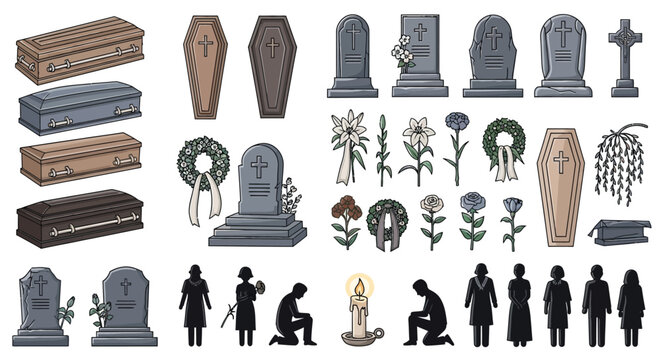 Collection of funeral symbols including coffins tombstones flowers and mourning figures