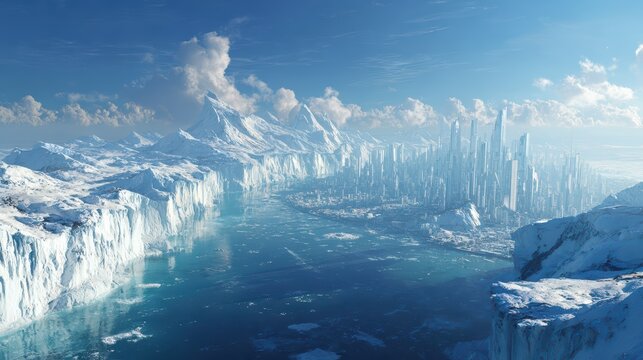 ice sheets transitioning into a futuristic civilization, advanced buildings glowing softly, icy wilderness and sci-fi city equally dominant, dramatic sky