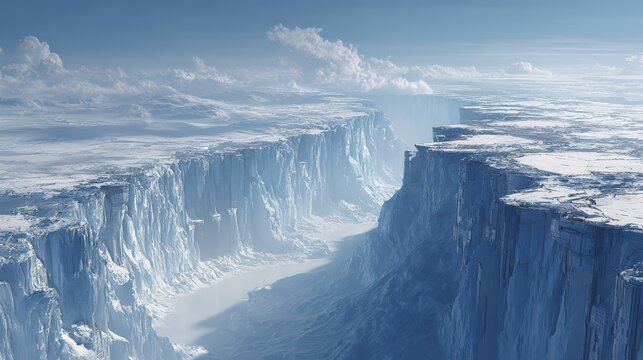 colossal Antarctic glaciers on one side, futuristic city with advanced architecture on the other, clear visual contrast between ice world and high-tech civilization