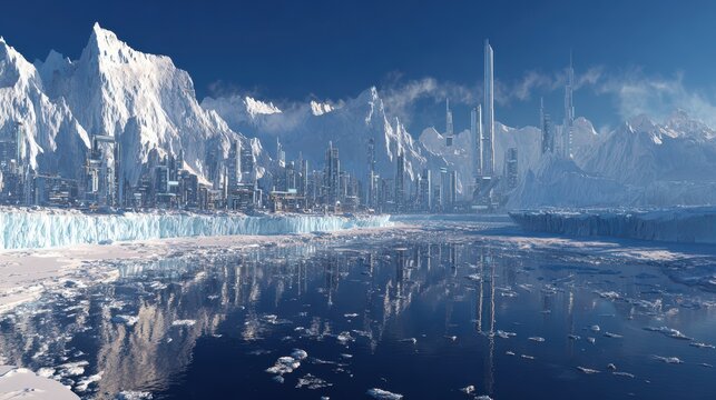 colossal Antarctic glaciers on one side, futuristic city with advanced architecture on the other, clear visual contrast between ice world and high-tech civilization