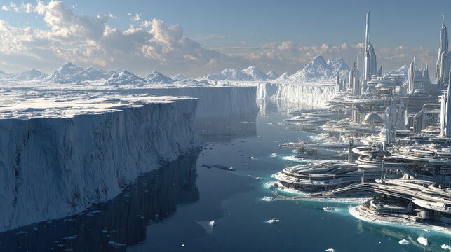 colossal Antarctic glaciers on one side, futuristic city with advanced architecture on the other, clear visual contrast between ice world and high-tech civilization