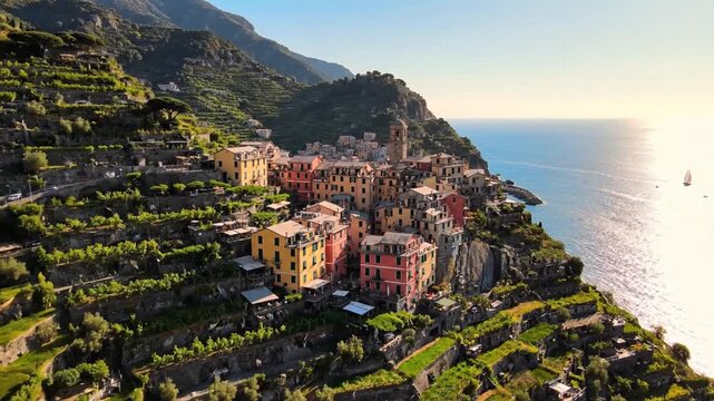 Scenic Panoramic View of Fornacchi Village Perched on Lush Green Mountainside Above Corniglia in Cinque Terre National Park, Italian Riviera Liguria Italy During Sunny September Late Afternoon.