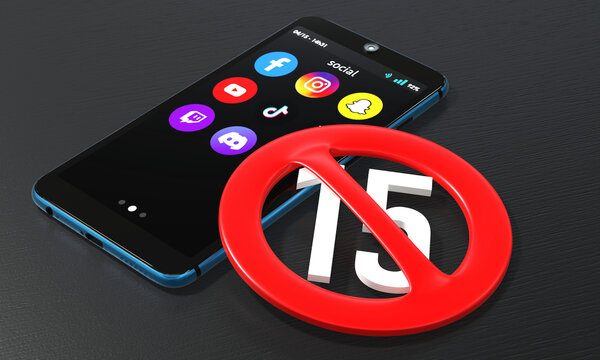 Smartphone with social media apps and age restriction sign prohibiting users under 15, content control concept - 3D rendering