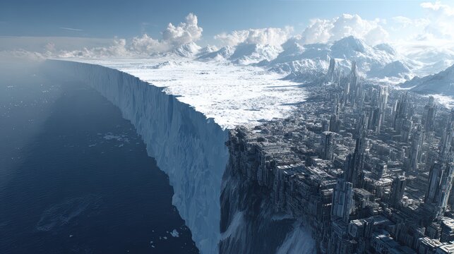 end of glaciers with a clear cutoff, immediately followed by a futuristic city on ice-free terrain, detailed sci-fi buildings