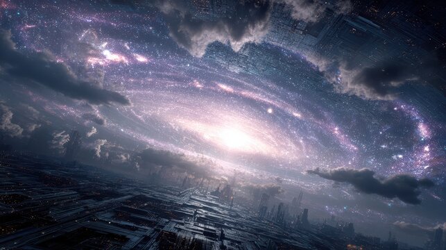 futuristic sky gateway, inside a deep cosmic universe, layered galaxies and nebulae, strong parallax and scale, ultra-clean professional 3D CGI 