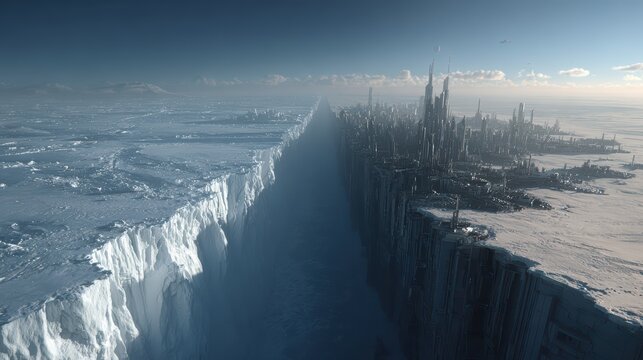 massive ice cliffs on the left, hyper-advanced futuristic city on the right, clear boundary line, two civilizations separated by nature and technology