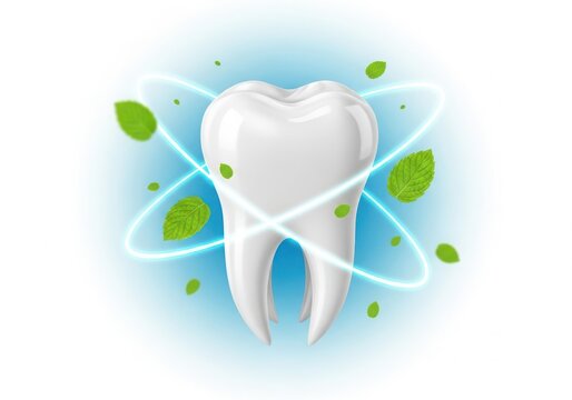 A radiant white tooth surrounded by a glowing aura of green leaves and swirling patterns. isolated on white background