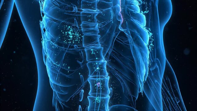 Human torso anatomy with glowing spine and ribcage in blue light for medical science education