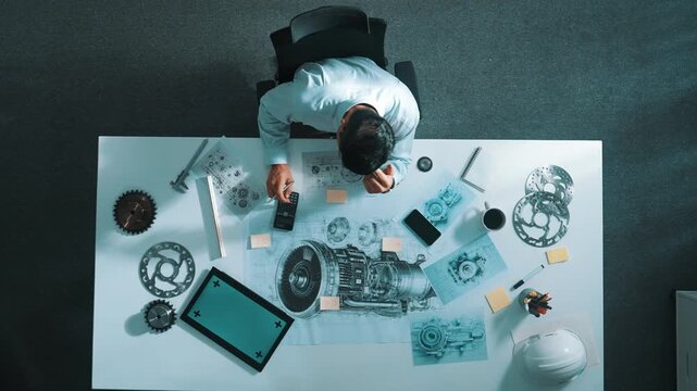 Top down view of skilled engineer writing and planning turbine engine design while sitting at meeting table with gear and electronic generator scatter around. Technician taking a note. Alimentation.